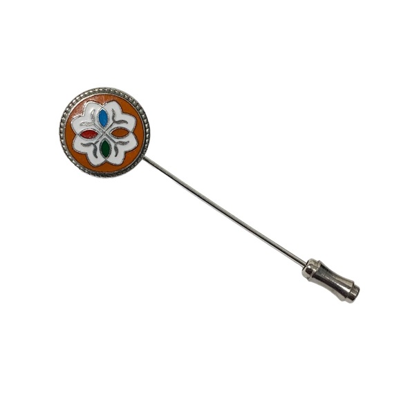 Vintage enamel abstract flower stick pin silver blue green orange - Picture 1 of 7
